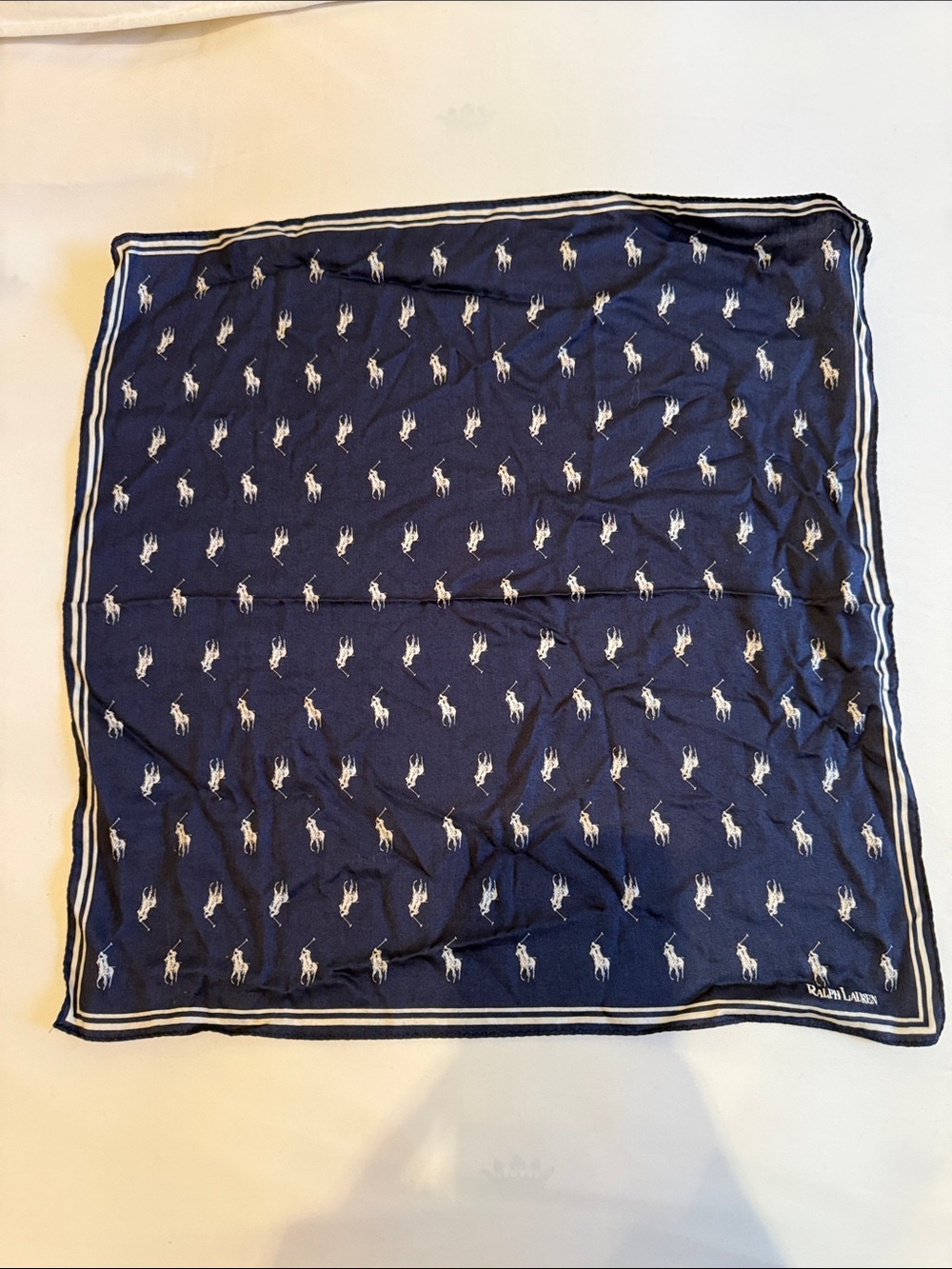 Ralph Lauren Navy Blue Silk Pony Pattern Scarf